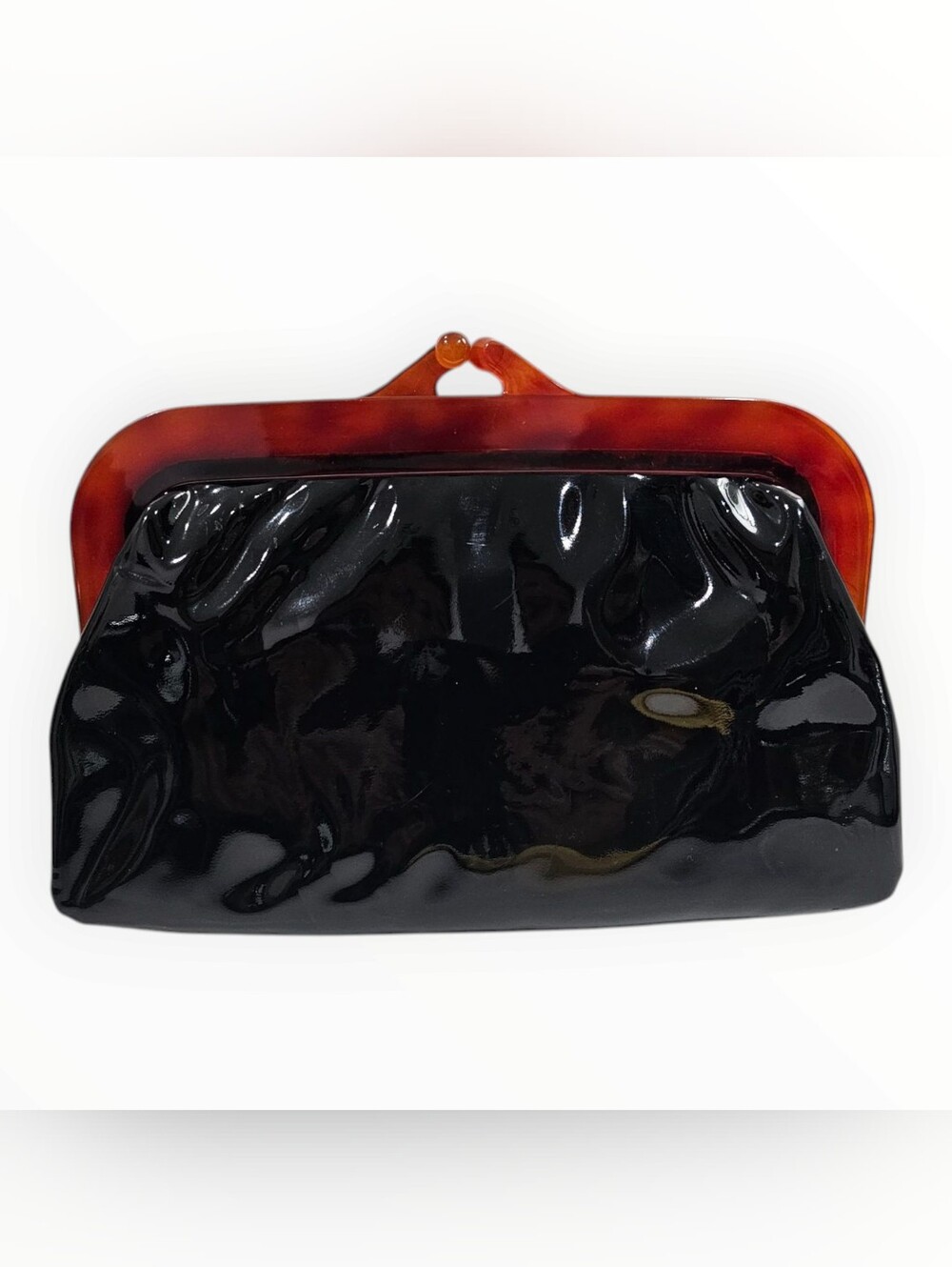 Vtg 50s KORET Tortoise Lucite Frame Black Patent Vinyl Kiss Lock Clutch W/Mirror